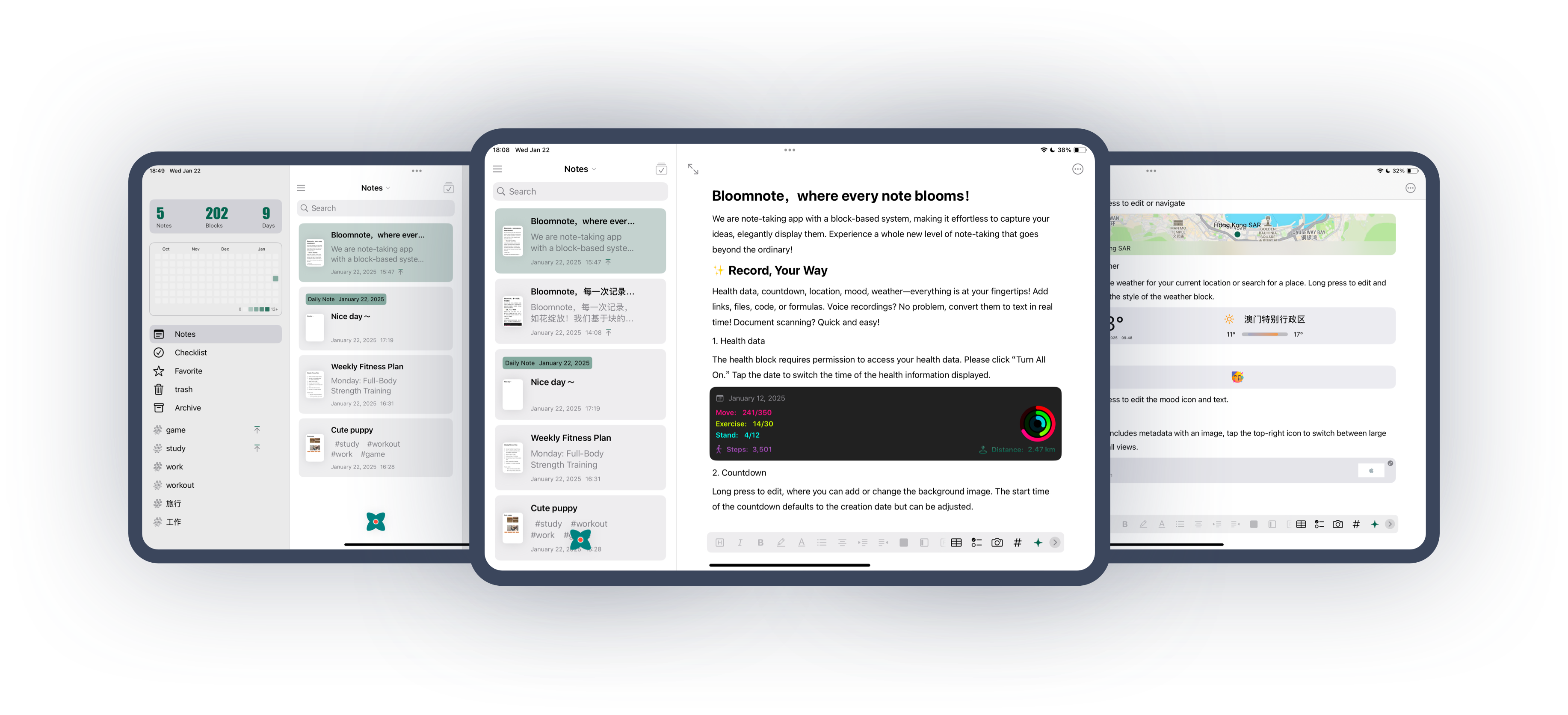 Bloomnote app interface showcase for iPad